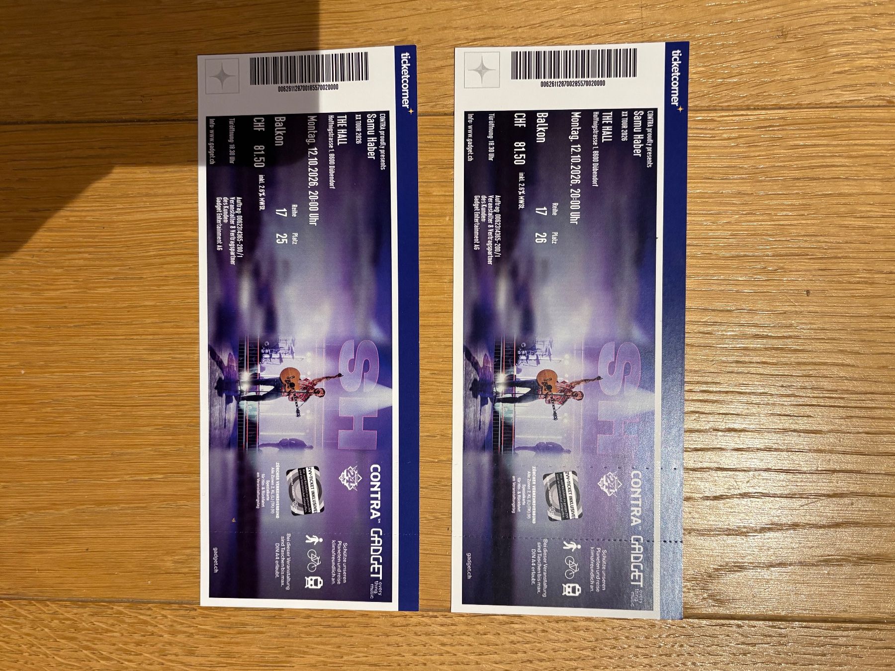 Biglietti: Samu Haber 2 Konzerttickets – Nuovo e nell'imballaggio originale da Zürich venduto da TanjaDN