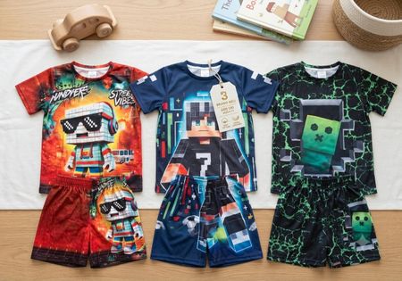 3er-Set Jungs Sommer-Kombis (T-Shirt & Shorts) – Gamer/Pixel