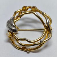 Broche Ronde Bicolore Dorée Argentée Perle Nacre #C2