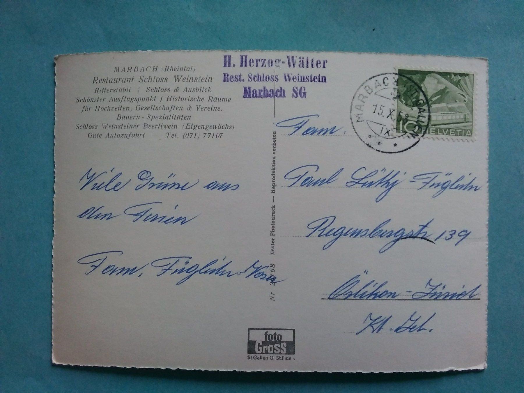 Cartoline postali: SG Marbach Restaurant Schloss Weinstein 1958 – Usato da Appenzell venduto da lama19 1
