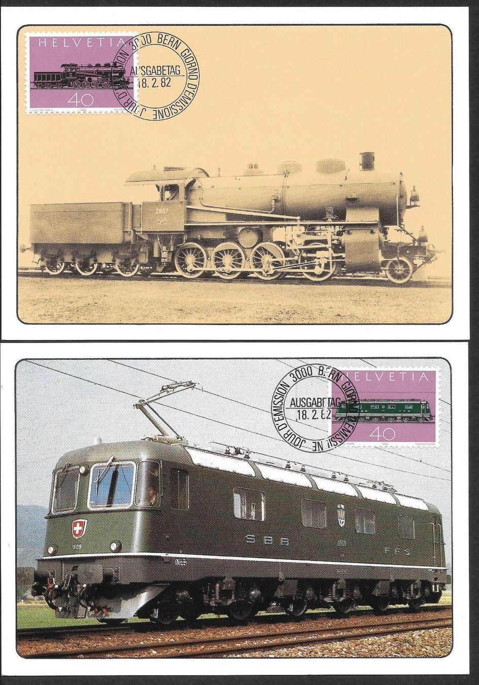 Alle Briefmarken: 2 Maximumkarten Serie 668-669 Gotthardbahn ET Bern 18.2.1982 – Neu (gemäss Beschreibung) aus Olten von clotaldi
