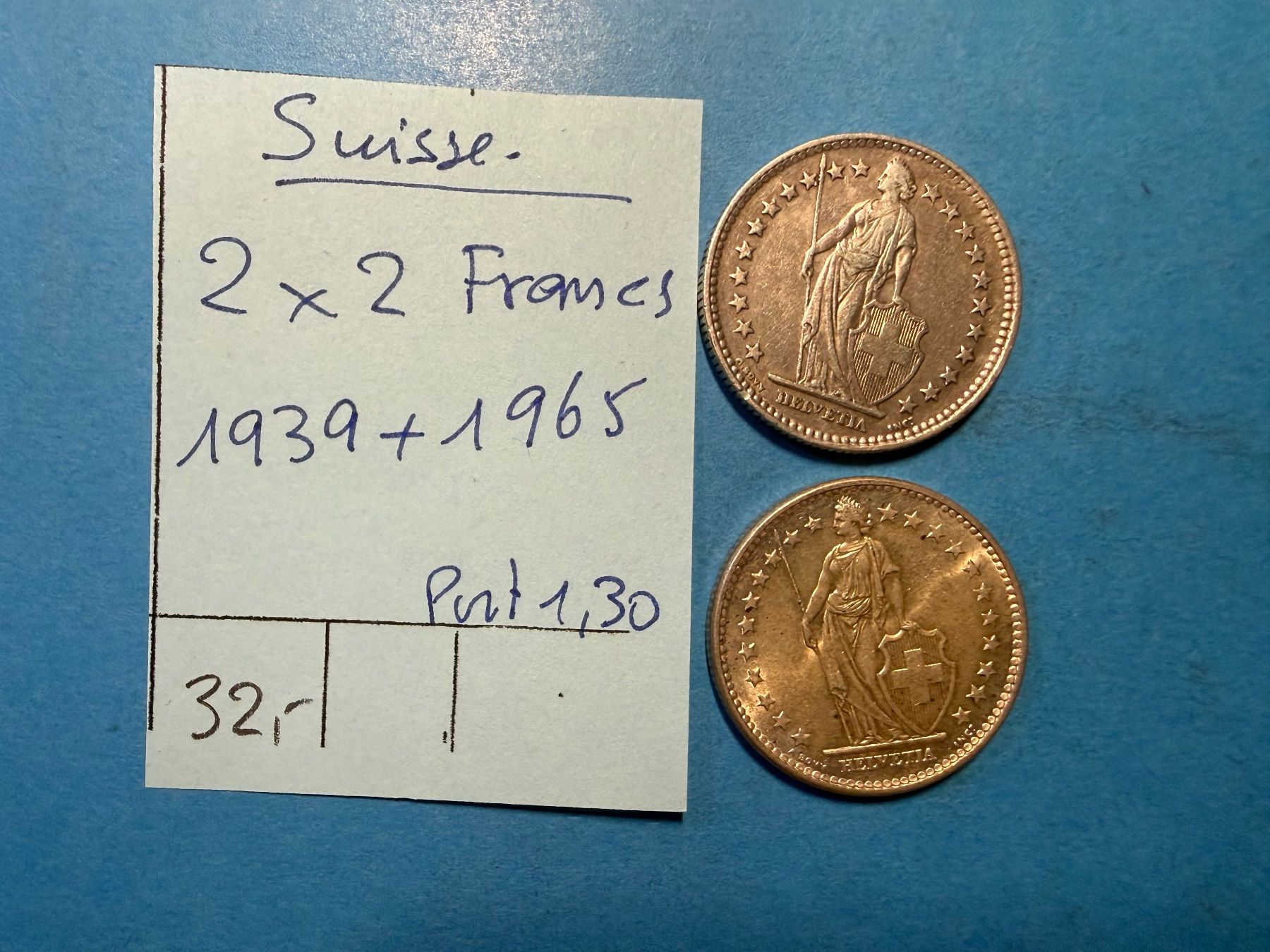 Alle Münzen: SUISSE :  2 X 2 FRANCS 1939 + 1965 ARGENT – Gebraucht aus genève von GEnumist