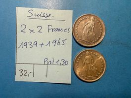 SUISSE :  2 X 2 FRANCS 1939 + 1965 ARGENT
