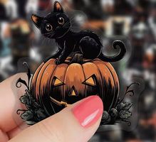 50 HALLOWEEN AUFKLEBER, MIT SCHWARZER KATZE, PET NEU+OVP