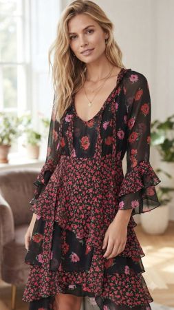 Robe longue The Kooples fleurie noire et rouge, taille 1