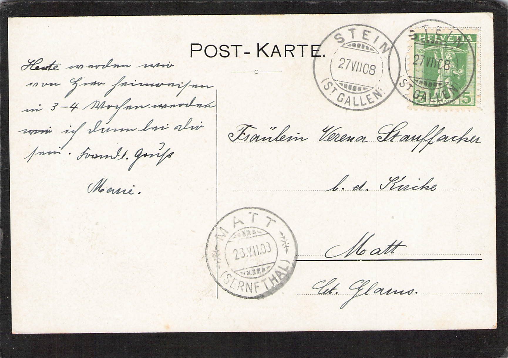 Cartoline postali: Stein SG im Toggenburg , gel. 1908 – Usato da Reichenburg venduto da Pipo-67 1