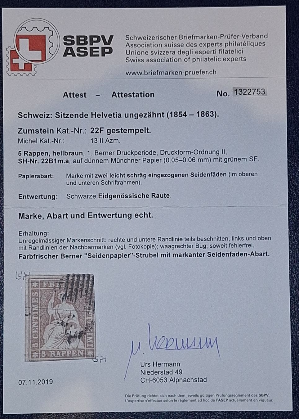 Tutti i francobolli: Strubel 22F mit Doppelter Seidenfaden Kat. 1600.- – Usato da Balgach venduto da SIMEON27 2