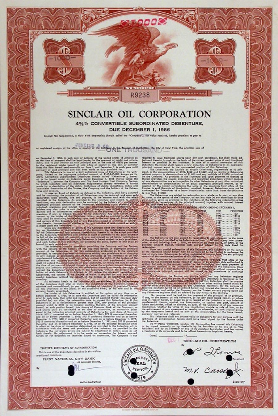 Dokumente: 4,375% Sinclair Oil Corporation - 1968 – Gebraucht aus Solothurn von Sgasche