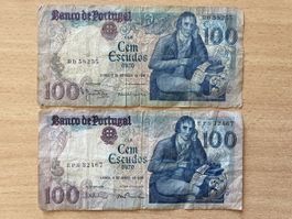 2 Banco de Portugal 100 Escudos Banknoten Jahrgang 1980/85