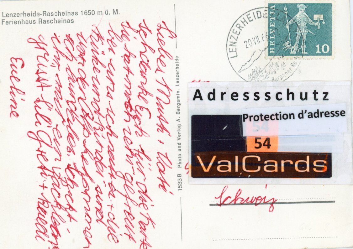 Cartoline postali: Raschainas - Lenzerheide  GR  -  Ferienhaus RASCHAINAS  1966 – Usato da Brig venduto da Valcards54 1