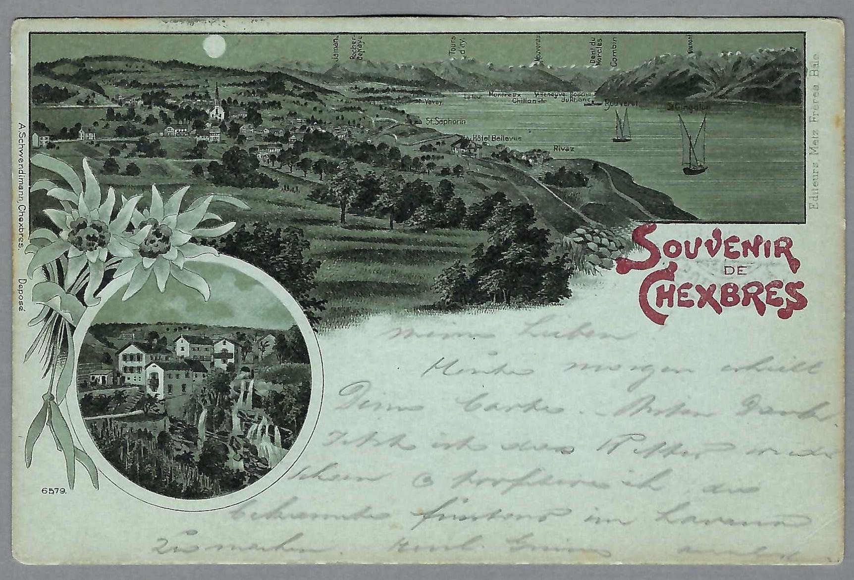 Cartoline postali: 1900, CHEXBRES, LITHO NOCTURNE – Usato da Pura venduto da ulisse1957