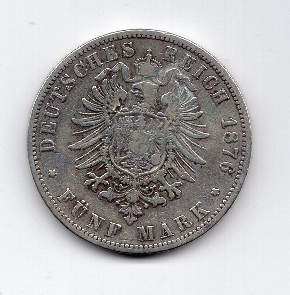 Tutti le monete: (1140) Preussen, 5 Mark 1876 B, ss – Usato da Rüthi (Rheintal) venduto da erdnuessli1
