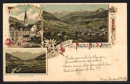 Litho Nesslau, Rietbad mit Säntis, Dorf