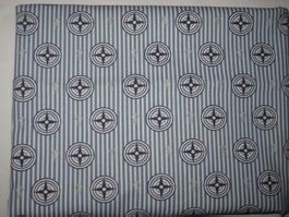 Baumwollstoff weiss/jeansblau gestreift mit Kompass/Anker
