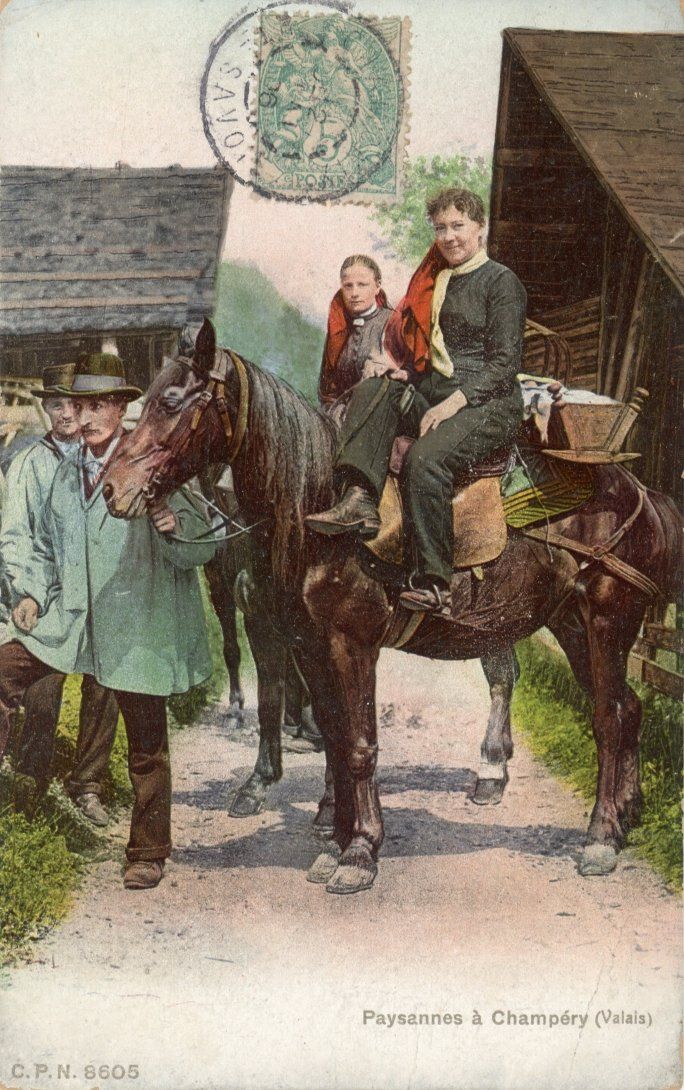 Cartoline postali: Champéry   VS   -  Paysannes et mulet / Maultier  en 1 9 0 7 – Usato da Brig venduto da Valcards54