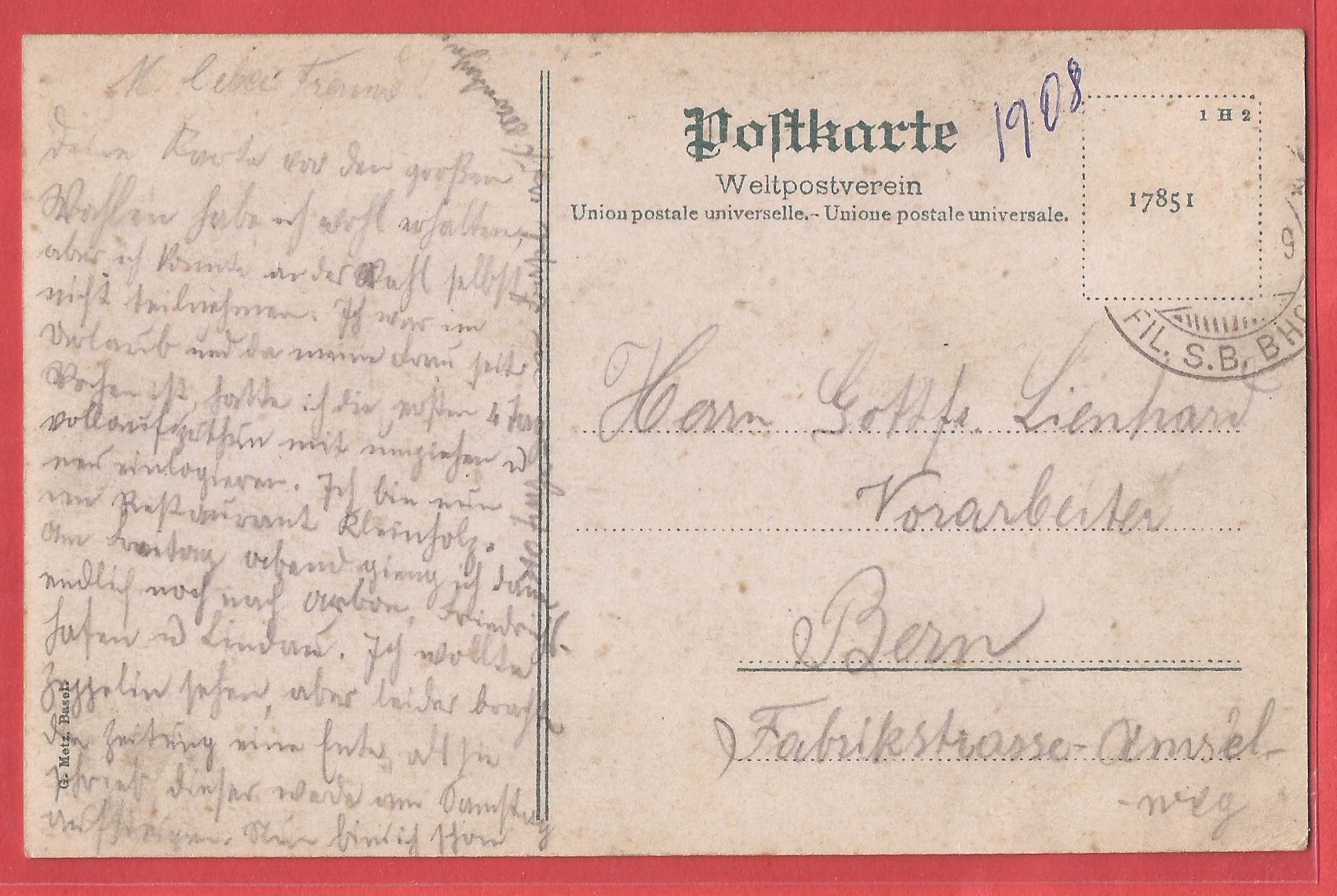 Ansichtskarten: Basel - Bundesbahnhof mit Trams und Kutschen - 1908 – Gebraucht aus Fislisbach von Porano 1