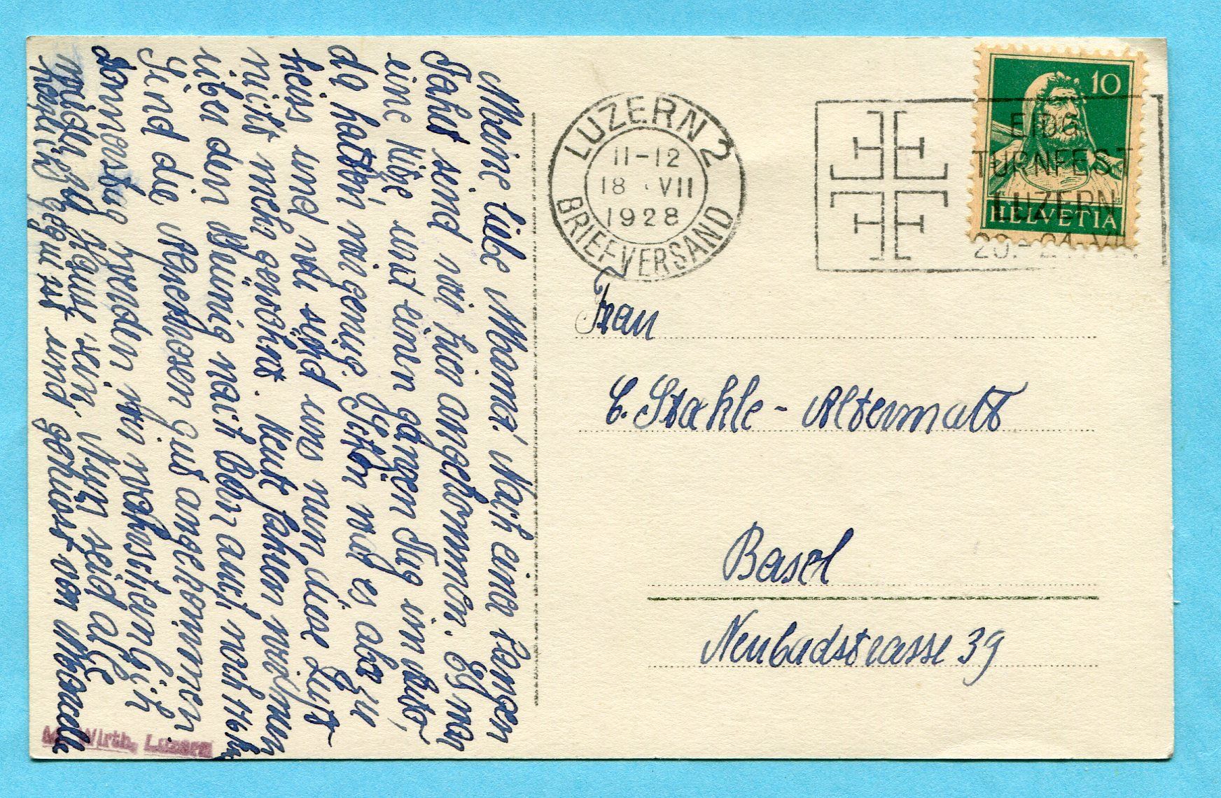 Cartoline postali: Luzern 1928 - Hotel "Du Lac" – Usato da Opfikon venduto da cleocat-vb 1