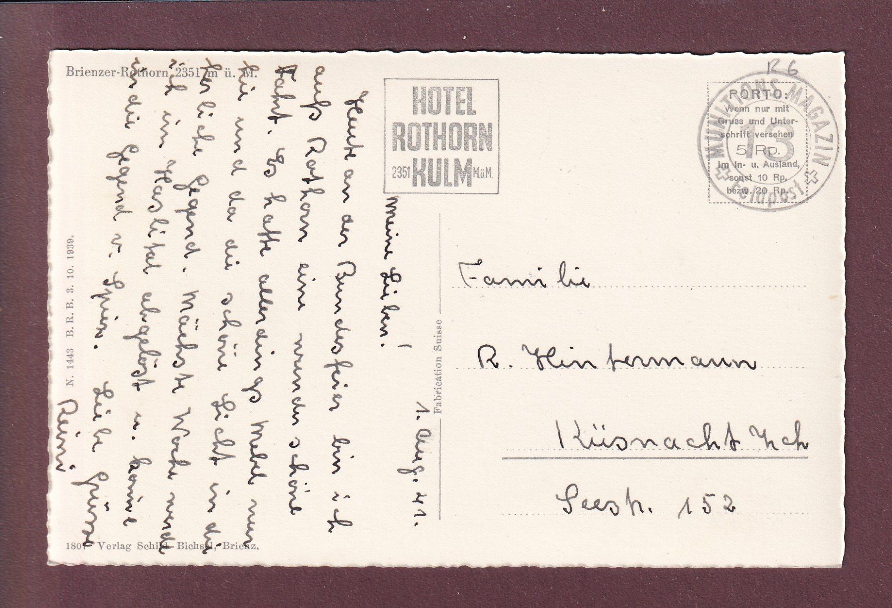 Ansichtskarten: BRIENZER-ROTHORN - 1941 Feldpost – Gebraucht aus Pully von nicecards 1