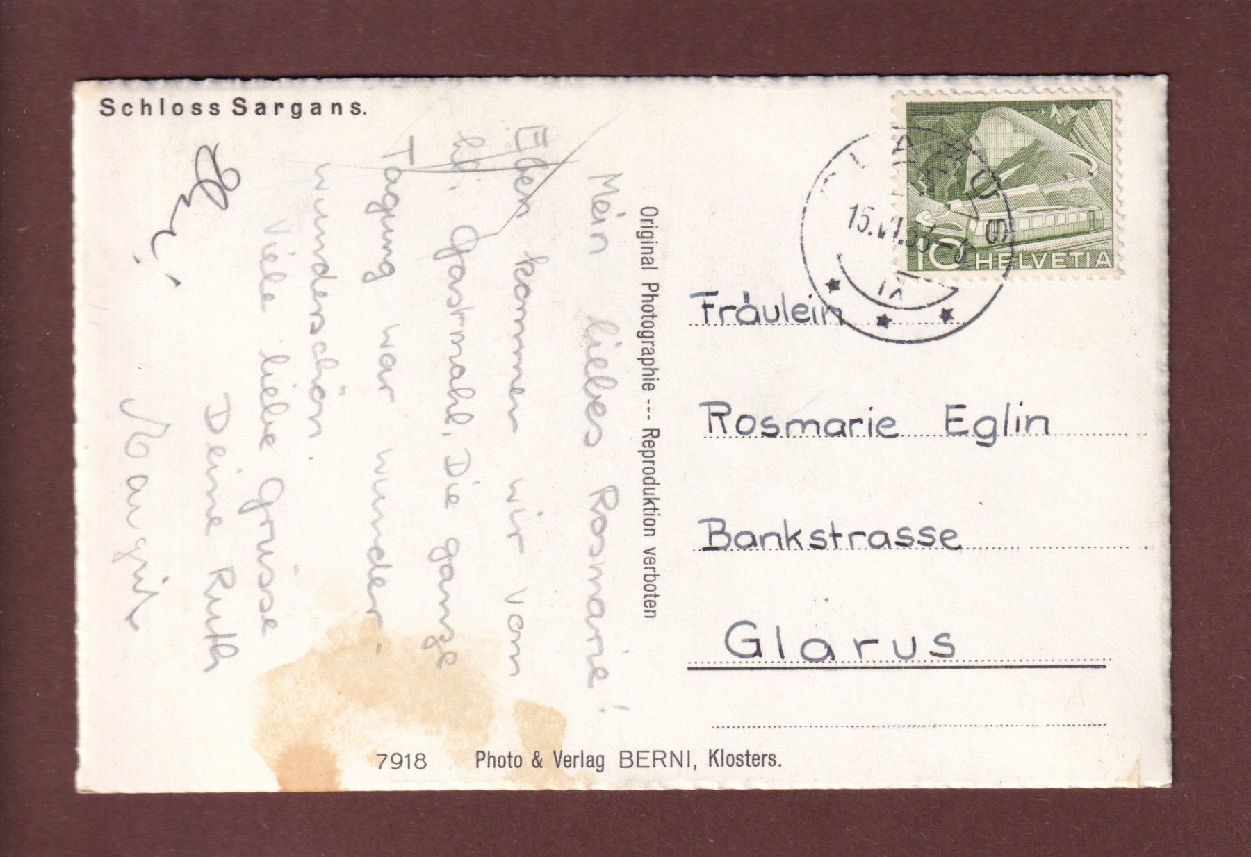 Cartoline postali: SCHLOSS SARGANS - 1953 – Usato da Pully venduto da nicecards 1