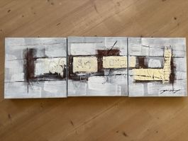 Tableau triptyque abstrait gris doré bon état