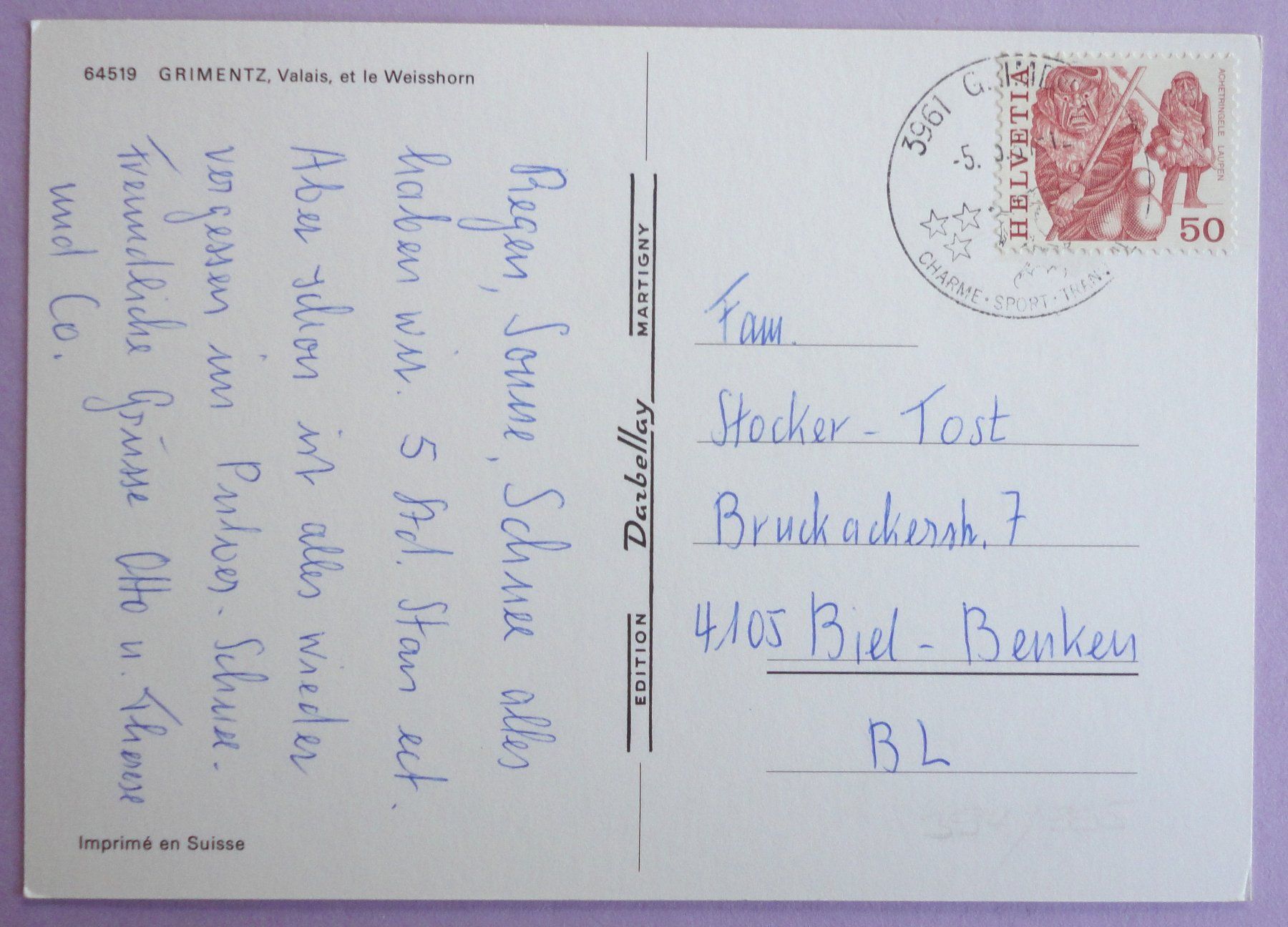 Cartoline postali: Grimentz et le Weisshorn – Usato da Fétigny venduto da Billy2miny 1