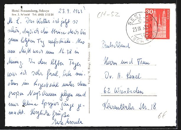 Cartoline postali: Schwyz, Hotel Sonnenberg, Bes. J. Schmid – Usato da Berlin venduto da bartko-reher 1