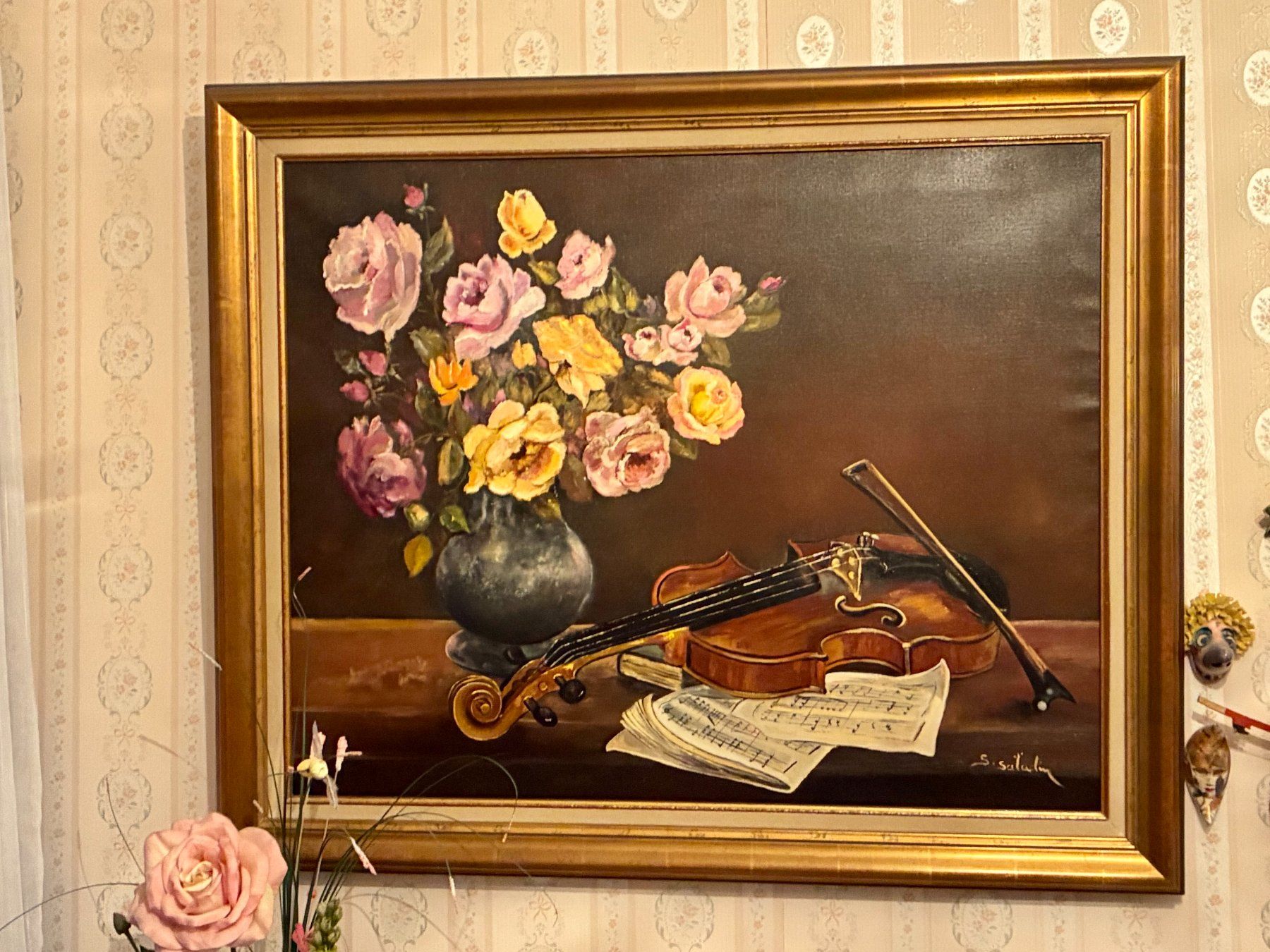 Dipinti: Gemälde mit Blumen und Geige gerahmt – Usato da Basel venduto da holunder76
