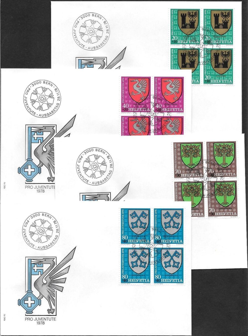 Tous les timbres: 4 FDC Pro Juventute 1978 Serie Viererblöcke ET 28.11.1978 – Neuf (Voir description) à Olten par clotaldi