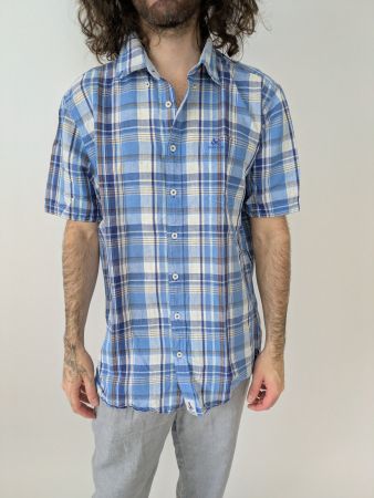 Jean Paul Kurzarmhemd Gr. XL Leinen-Baumwolle Karo Blau Somm