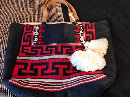 Star Mela lined blue red key embroidered tassel tote bag