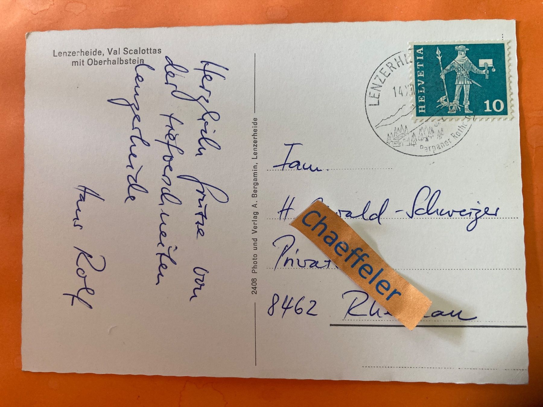 Ansichtskarten: 1965 Lenzerheide, Val Scalottas mit Oberhalbstein. – Gebraucht aus Zürich von Chaeffeler 1
