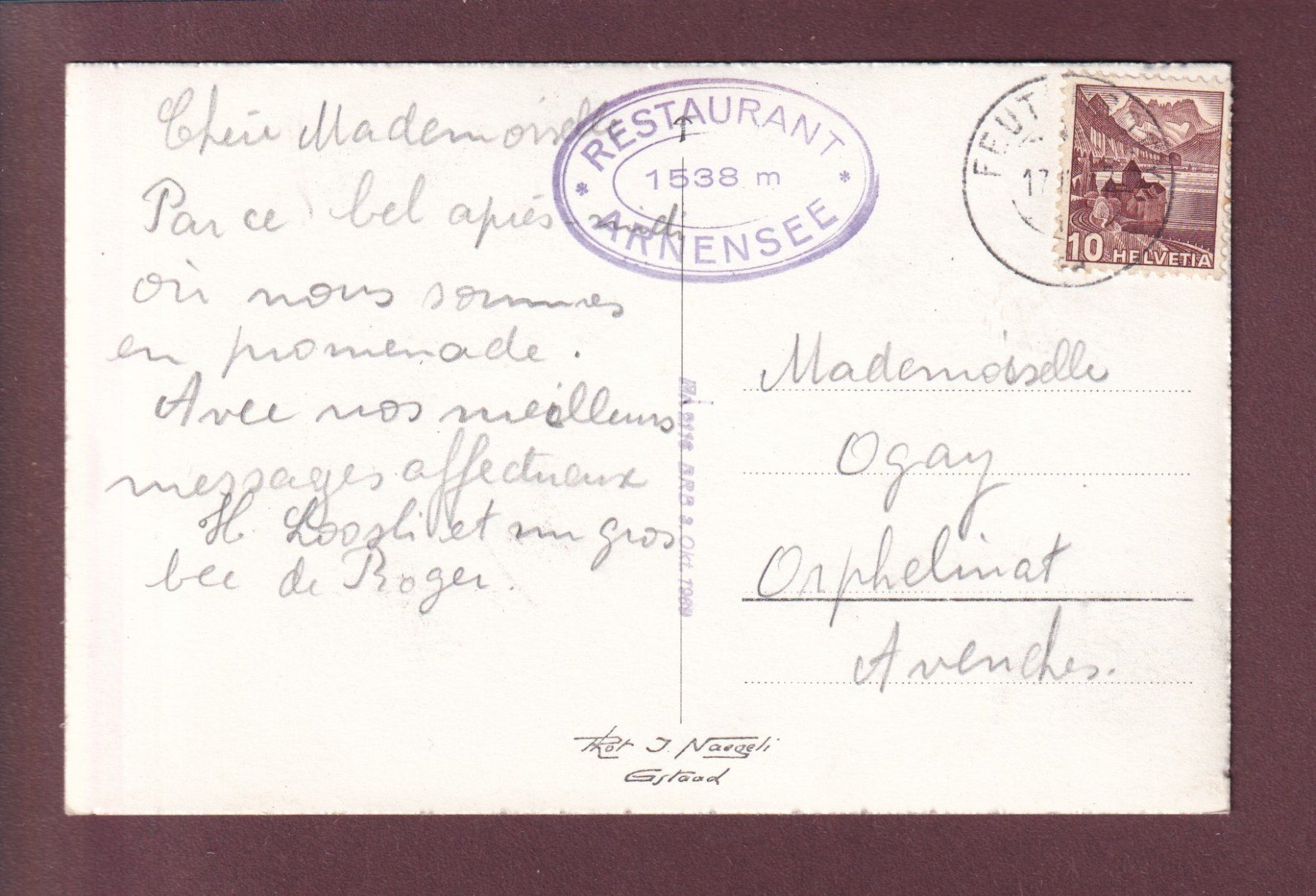 Cartoline postali: GSTAAD - Arnensee - 1942 Restaurant Stempel – Usato da Pully venduto da nicecards 1
