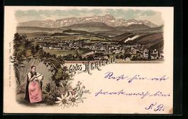 Litho Herisau, Trachtenträgerin beim St