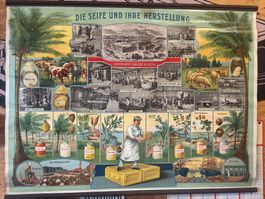 Antikes Schulwandbild der Seifenherstellung Sunlight Olten