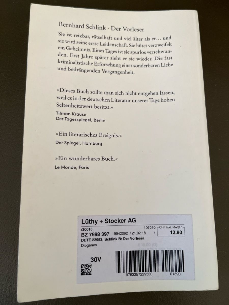 Libri: Bernhard Schlink: Der Vorleser – Usato da Niederdorf venduto da Fay1993