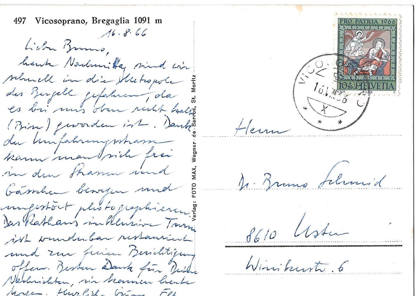 Ansichtskarten: Vicosoprano, Bergell, 1966 – Gebraucht aus Frauenfeld von Merk52 1
