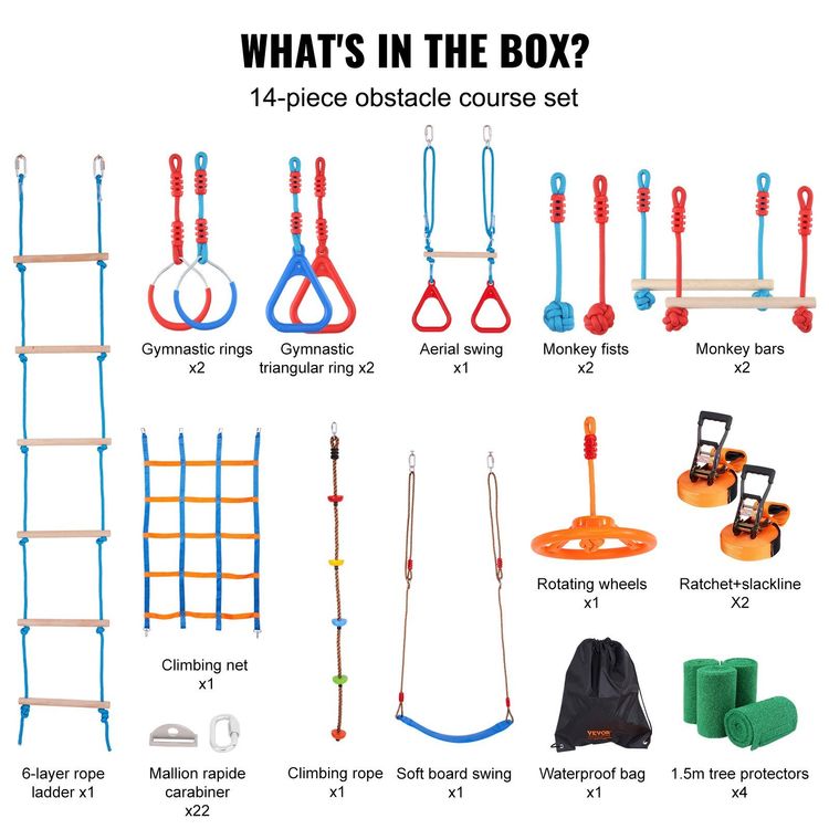 Parcours Ninja Pour Enfants VEVOR - Kit Slackline 17m Avec 12 Obstacles Et Filet D'Escalade