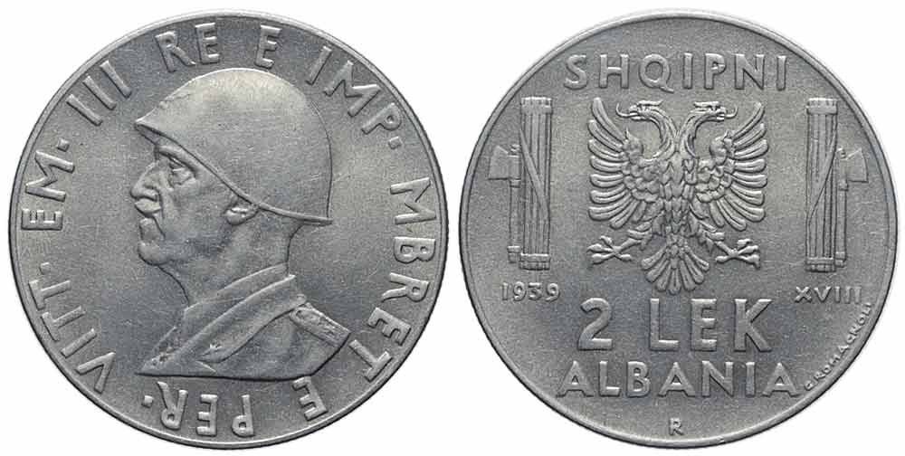 Tutti le monete: Albanien, 2 Lek 1939, unz – Usato da Chiasso venduto da Novamarketing
