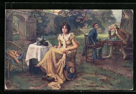 Männer spielen im Garten Schach, Dame m