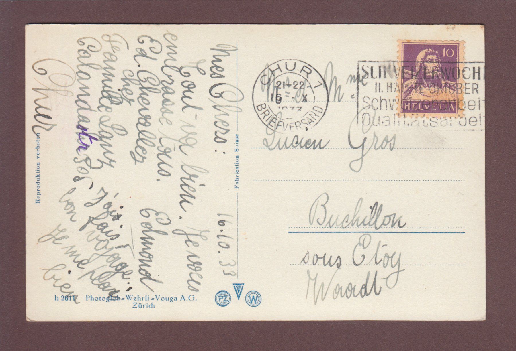 Ansichtskarten: CHUR - Gesamtansicht - 1933 – Gebraucht aus Pully von nicecards 1