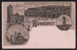 Litho Romont, Le Chateau, L'Eglise, Vue 