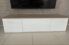 TV-Board Lowboard weiss Hochglanz mit Holzoptik