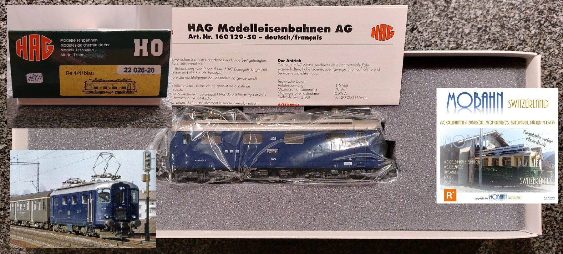 Hag Modellini di ferrovie: HAG 22 026-20 - Re 4/4' Pendel 409 blau SBB CFF FFS – Nuovo e nell'imballaggio originale da Rotkreuz venduto da MOBAHN-1zu87 9