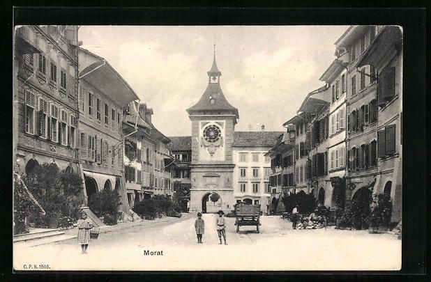 Cartoline postali: AK Morat, Strassenpartie mit Kirche – Usato da Berlin venduto da bartko-reher
