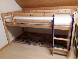 Kinder Hochbett mit Rutsche und Zelt, Kiefer massiv