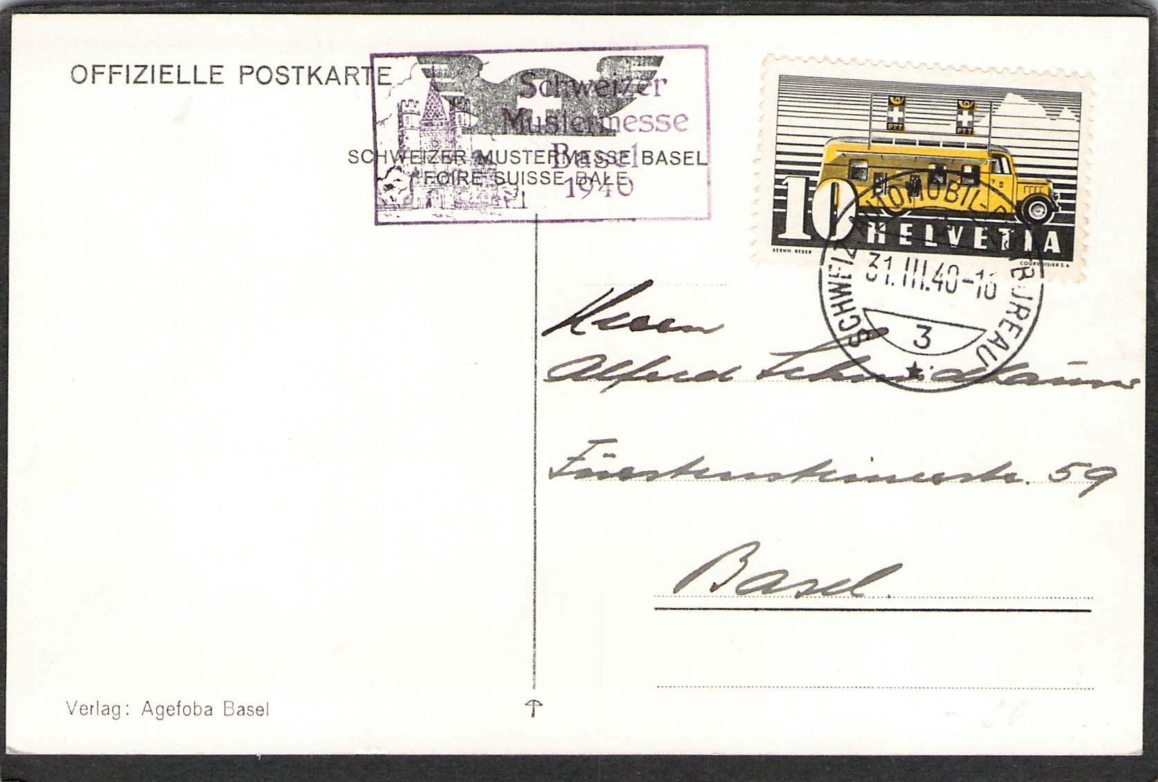 Cartoline postali: ^Mustermesse Basel, Tram , belebt , 1940 – Usato da Reichenburg venduto da Pipo-67 1