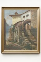 Charmant tableau ancien, paysage lacustre, cadre doré.