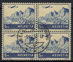 seltener Viererblock der 5 Fr. Flugpost mit Zentrumstempel
