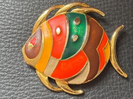 Broche poisson multicolore dorée émaillé