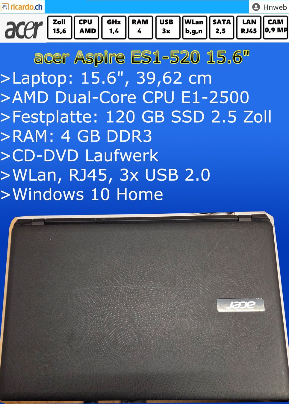 Acer Notebook: acer-Aspire-ES1-520-32NG, 15.6" – Usato da Kaisten venduto da Hnweb 4